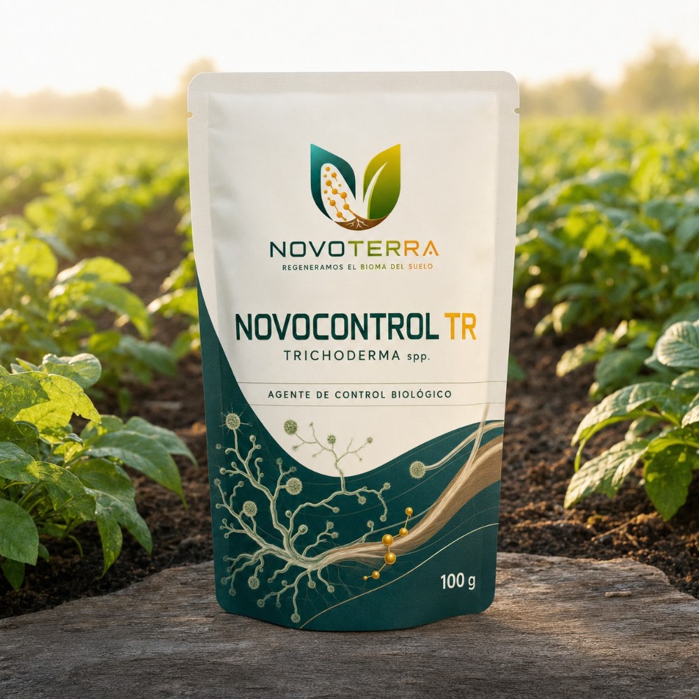 Sobre de 100 gramos de NOVOCONTROL TR, control biológico de NOVOTERRA a base de Trichoderma spp.