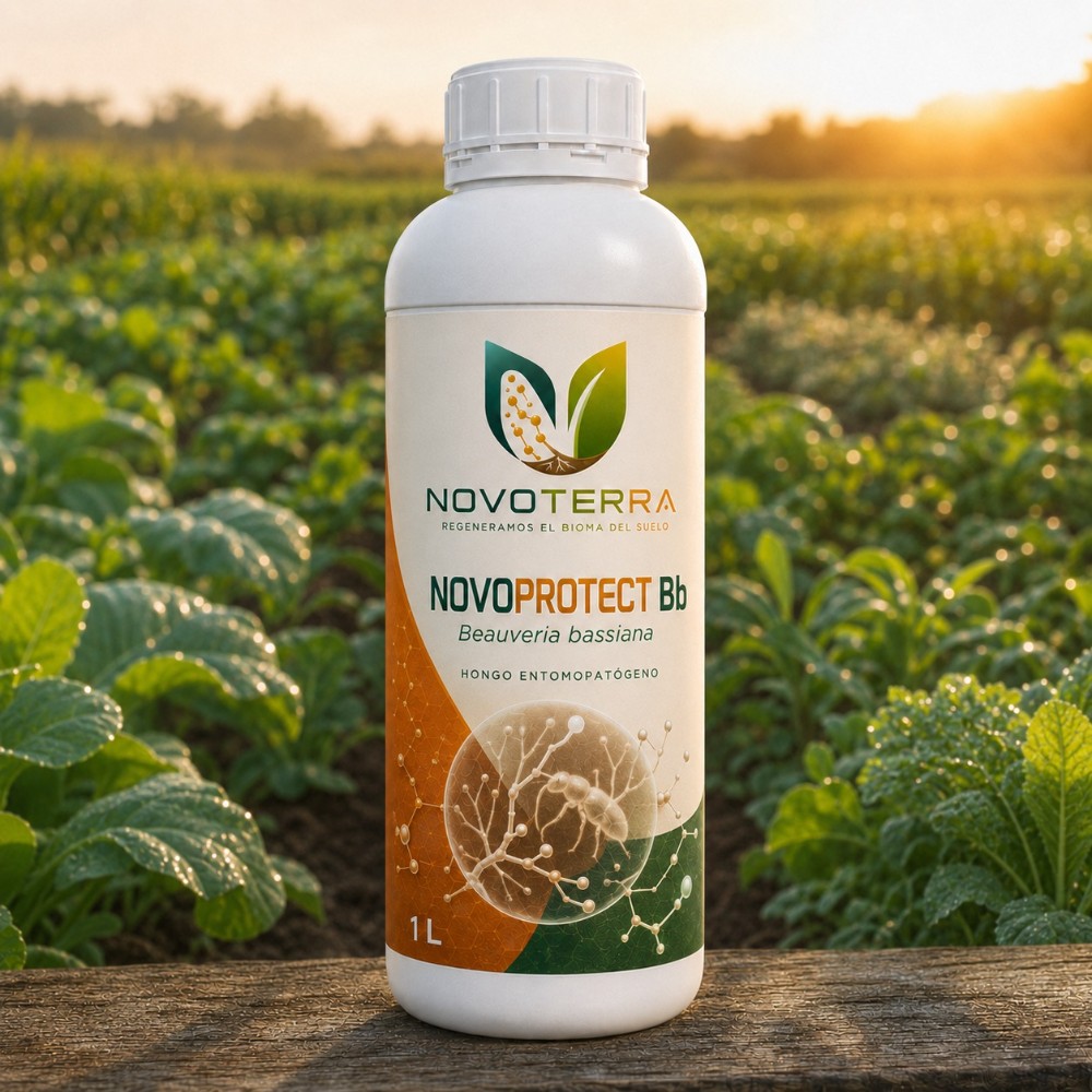 Envase de 1 litro de NOVOPROTECT Bb, hongo entomopatógeno de NOVOTERRA a base de Beauveria bassiana