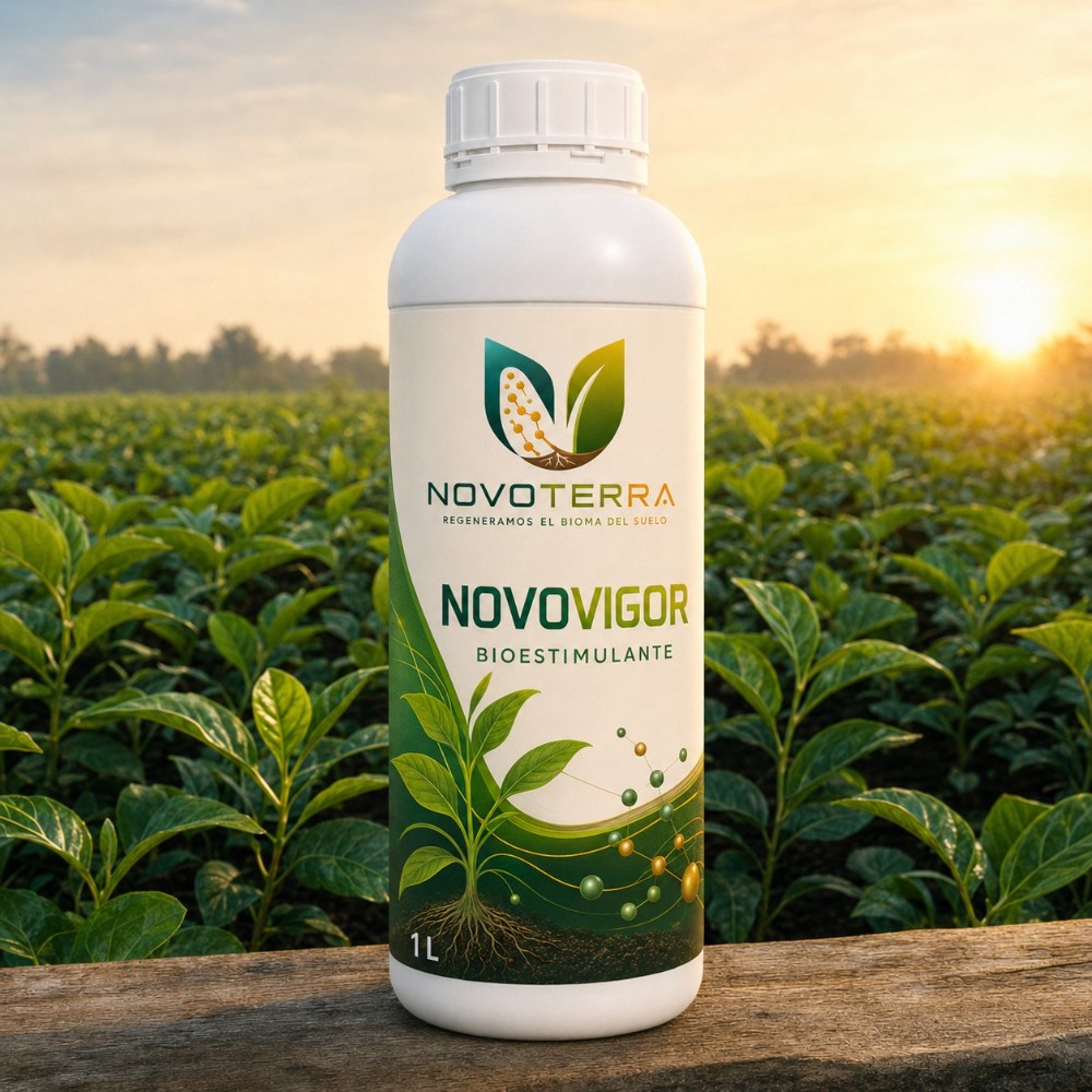 Envase de 1 litro de NOVOVIGOR, bioestimulante de NOVOTERRA