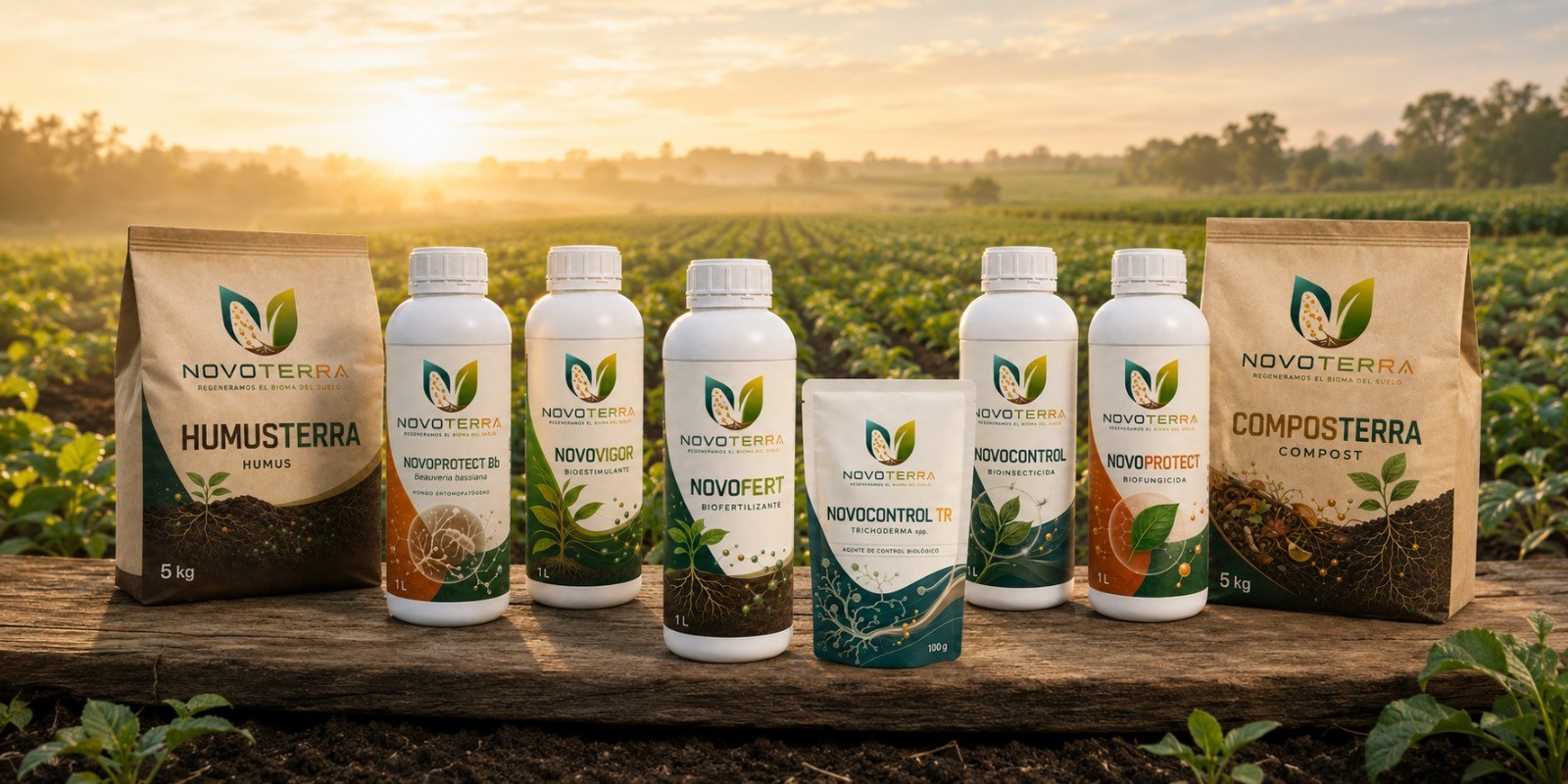 La línea completa NOVOTERRA — NOVOFERT, NOVOVIGOR, NOVOCONTROL, NOVOPROTECT, NOVOCONTROL TR, NOVOPROTECT Bb, COMPOSTERRA y HUMUSTERRA — alineada sobre un tablón de madera en el campo